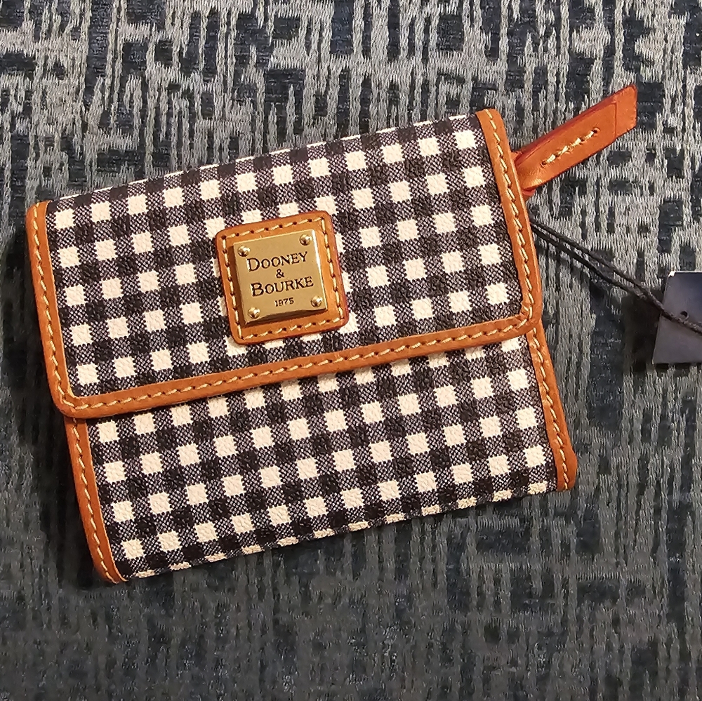 Dooney & Bourke Gingham Flap Wallet - Navy/White with Tan Trim